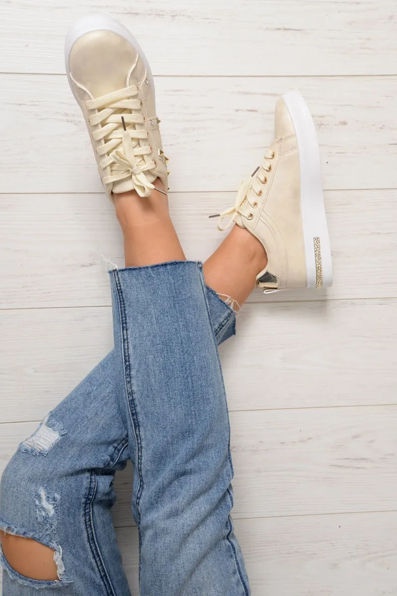 Beige Studded Lace Up Trainers - Ada