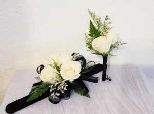 White Spray Roses Corsage & Boutonniere with Black Ribbon